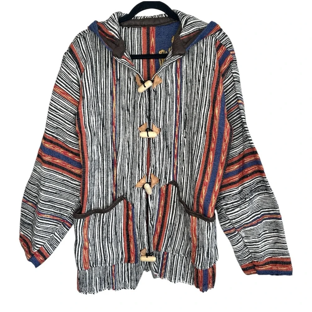 Boho Baja Hoodie Mexican Blanket Toggle Jacket Medium Indie Festival Surf Stripe
